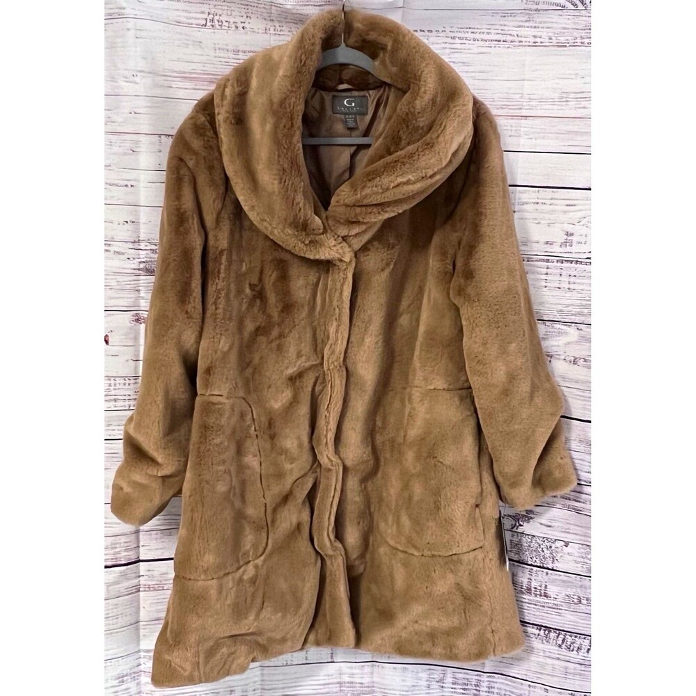 Gallery New York Faux Fur Hooded Coat Brown Camel Caramel XL/EG NWT